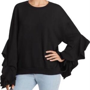 J.O.A Sweatshirt Cascade Ruffle Sleeve Black Crew Sweater Large